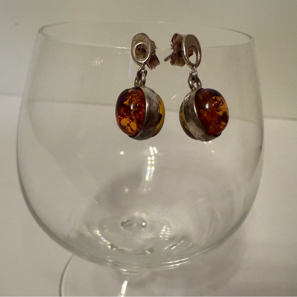 EARRINGS 2 COLOR AMBER BALL PIERCED POST STERLING SILVER 925